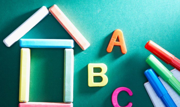 Blocks in the shape of a house with "ABC" and markers next to it