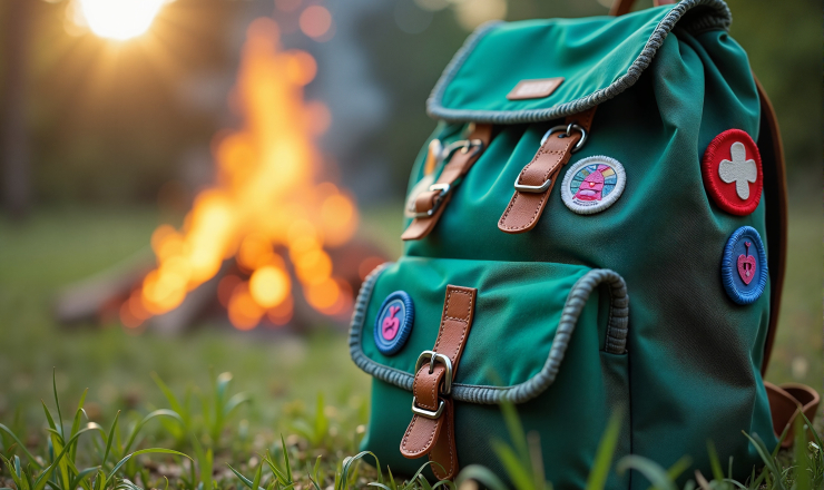Image of a green backpack with scout badges on the grass and a campfire in the background