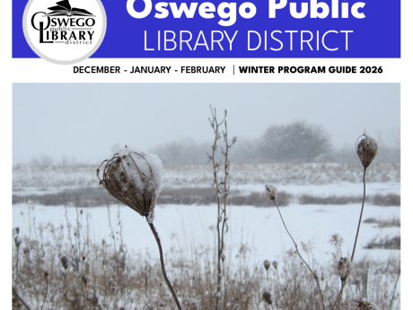 Winter Program Guide with library logo and close up of local plant life in winter.