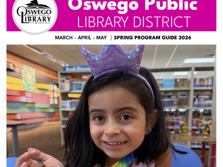 Cover of Spring Program Guide with smiling child wearing a reading medal and wearing a princess crown headband in the Youth Services Department. 